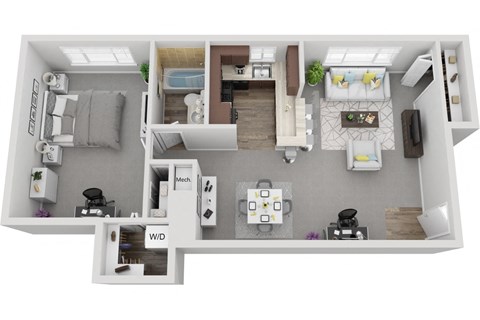 Floor plan for 1 bed, 1 bath, 845 sqft